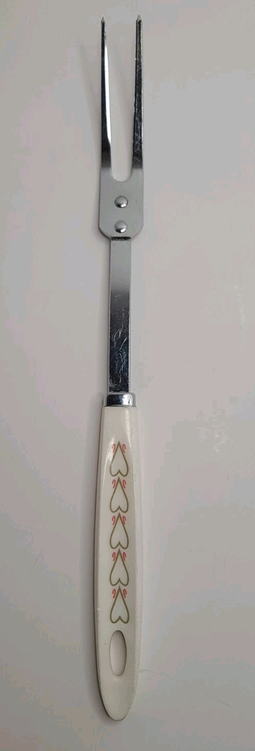 Vintage Androck Stainless 2 prong meat fork, white handle, 12" Long, USA, Hearts