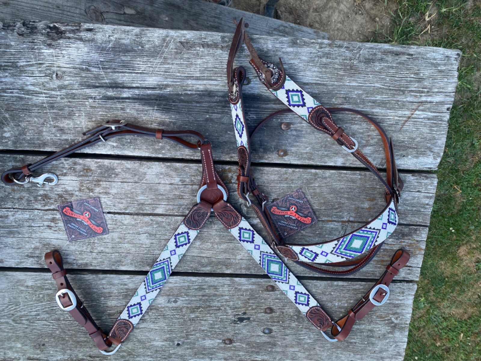 Circle Y white, blue, green beaded Western headstall & breast collar tack set