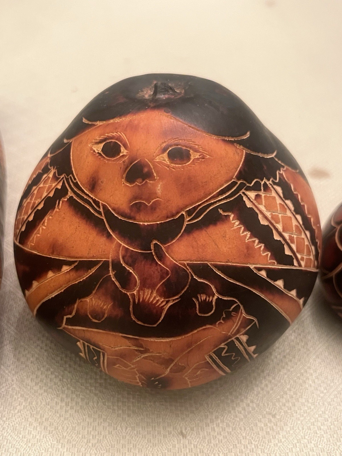 3 X Hand-Carved Decorative Gourd Peru Peruvian Folk Art Woman Fish Bird 1980’s