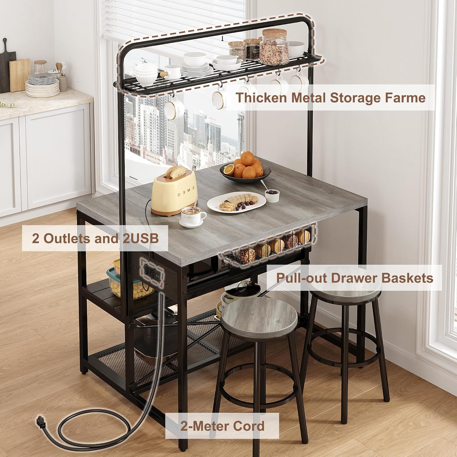 46" Large Kitchen Island Table Baker Rack with Power Outlet and 3-Tier Storage-M