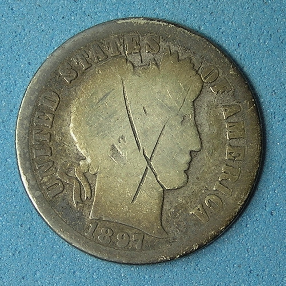 1897 O Barber Dime 10C, silver, circulated obvious scratches, toned