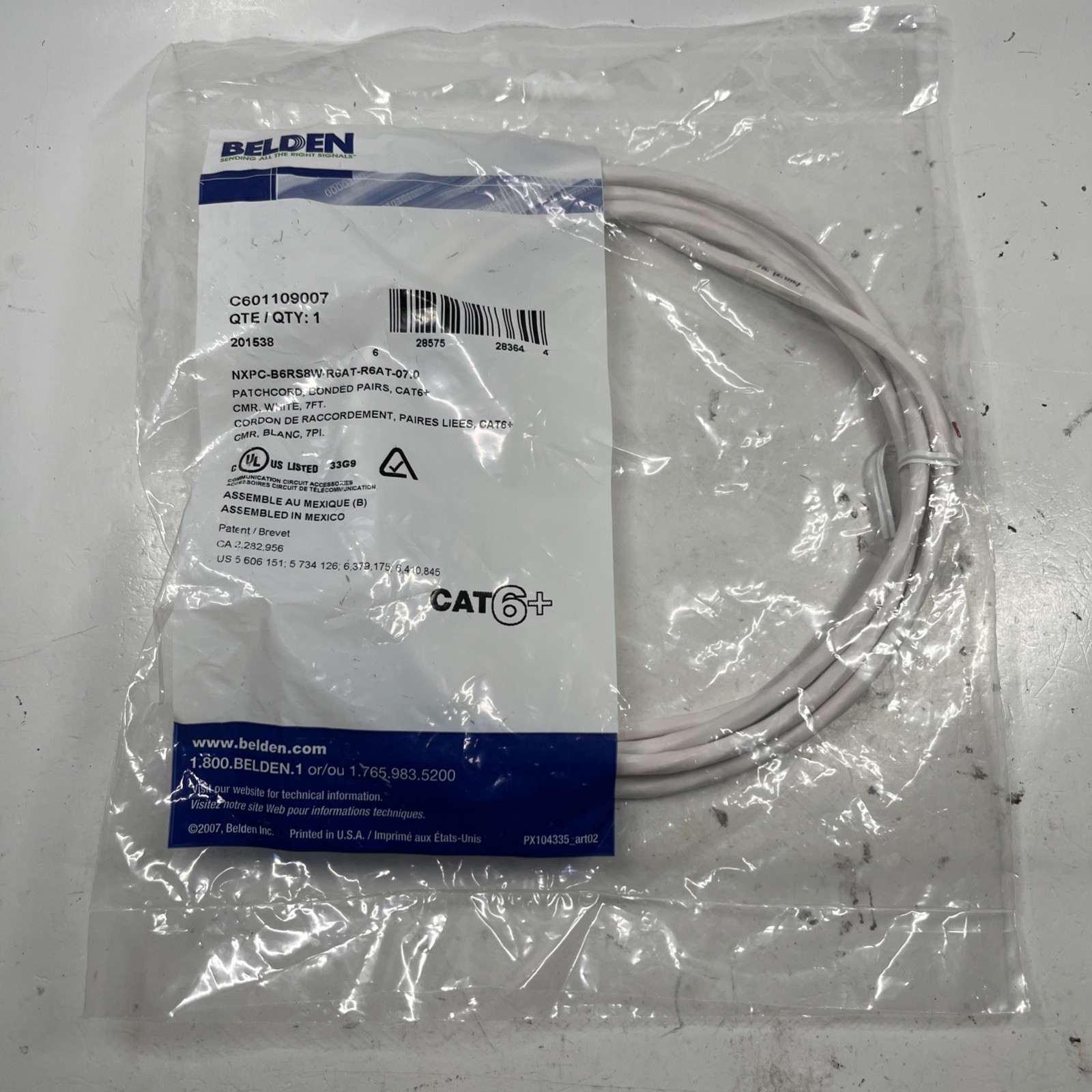 NEW Belden 7FT CAT 6+ Bonded Pair Patchcord 16 White 1 Blue SEALED C601109007