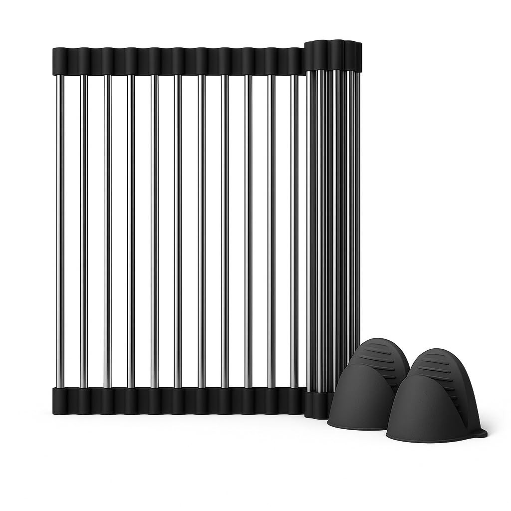 Over Sink Dish Dryng Rack - Roll Up Stainless Stell & Silicone Drying mat, He...