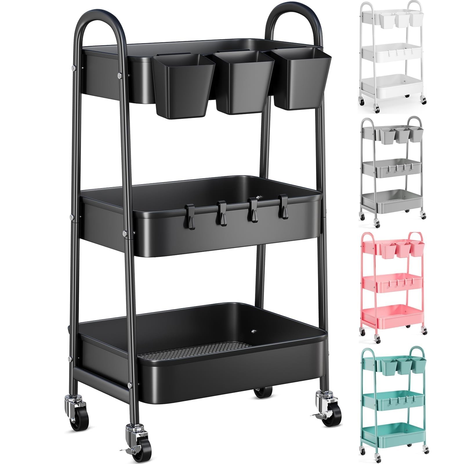 3 Tier Metal Rolling Cart with Lockable Wheels, Black Three Tiered Utility St...
