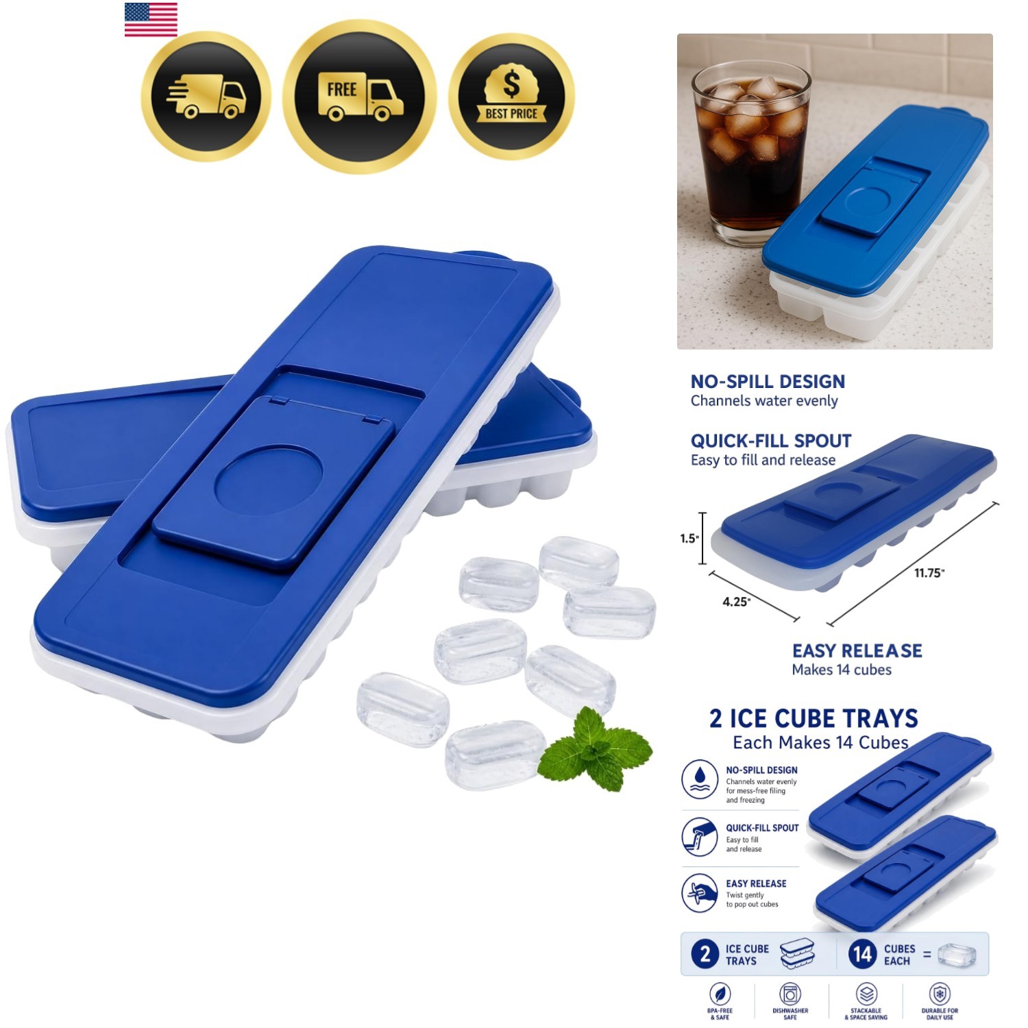 2-Pack No-Spill Ice Cube Trays with Lids – BPA-Free, Easy Release & Stackable...