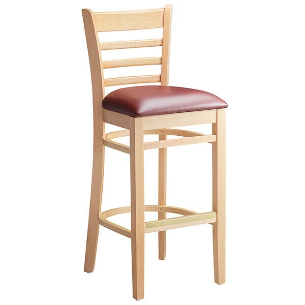 Natural Wood Finish Ladder Back Restaurant Barstool with Burgundy Vinyl Seat