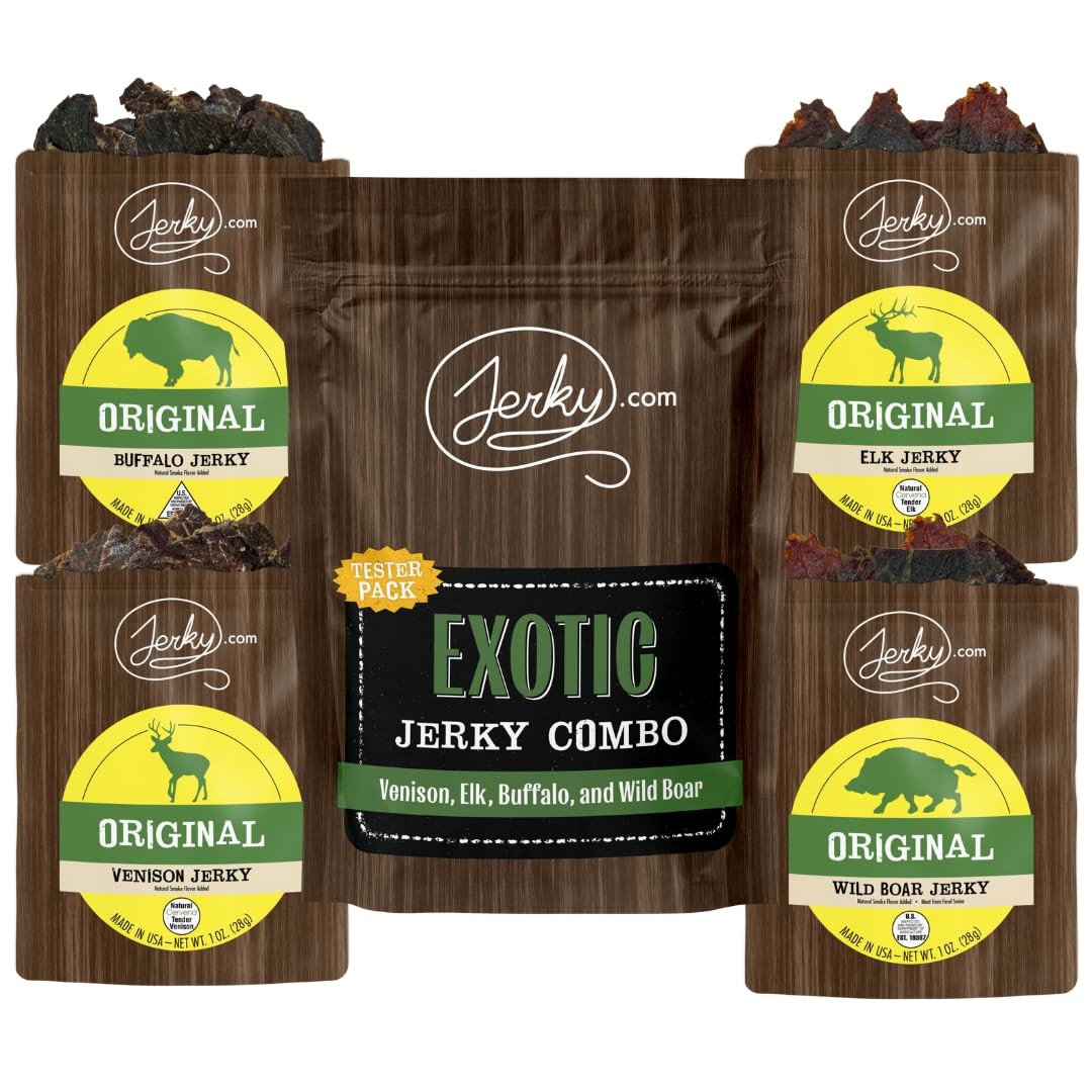 Jerky.com Exotic Jerky Variety Pack | 4pc Wild Game Snacks Sampler with Venis...