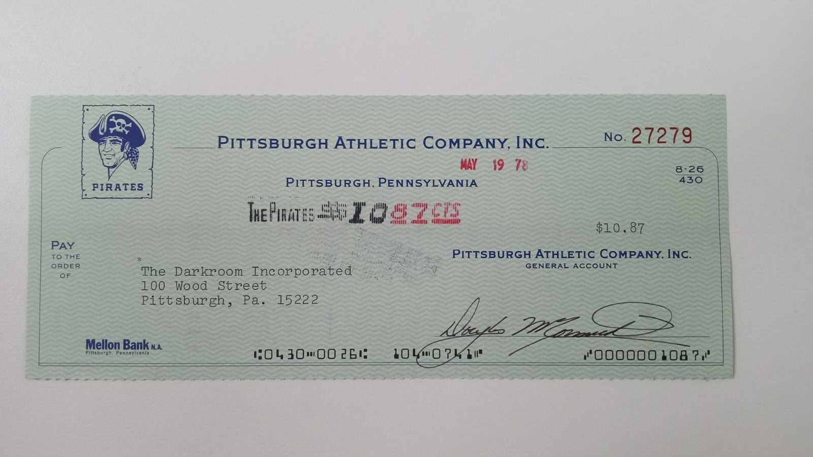 The Darkroom Incorporated: 1978 Pittsburgh Pirates Expense Check