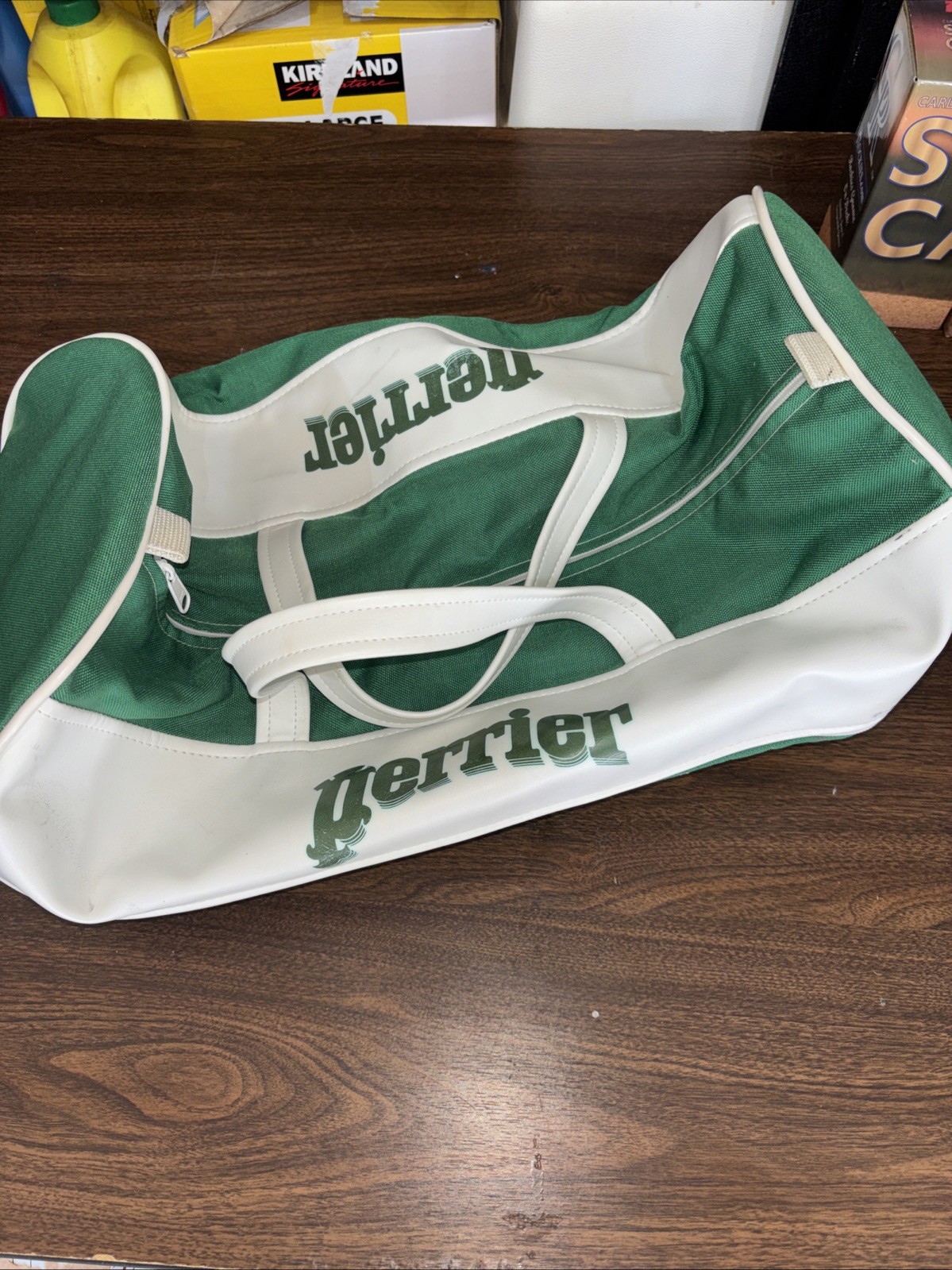 Vintage Perrier Water Gym Duffle Athletic Tennis Bag Green White 19” X 11” Nice
