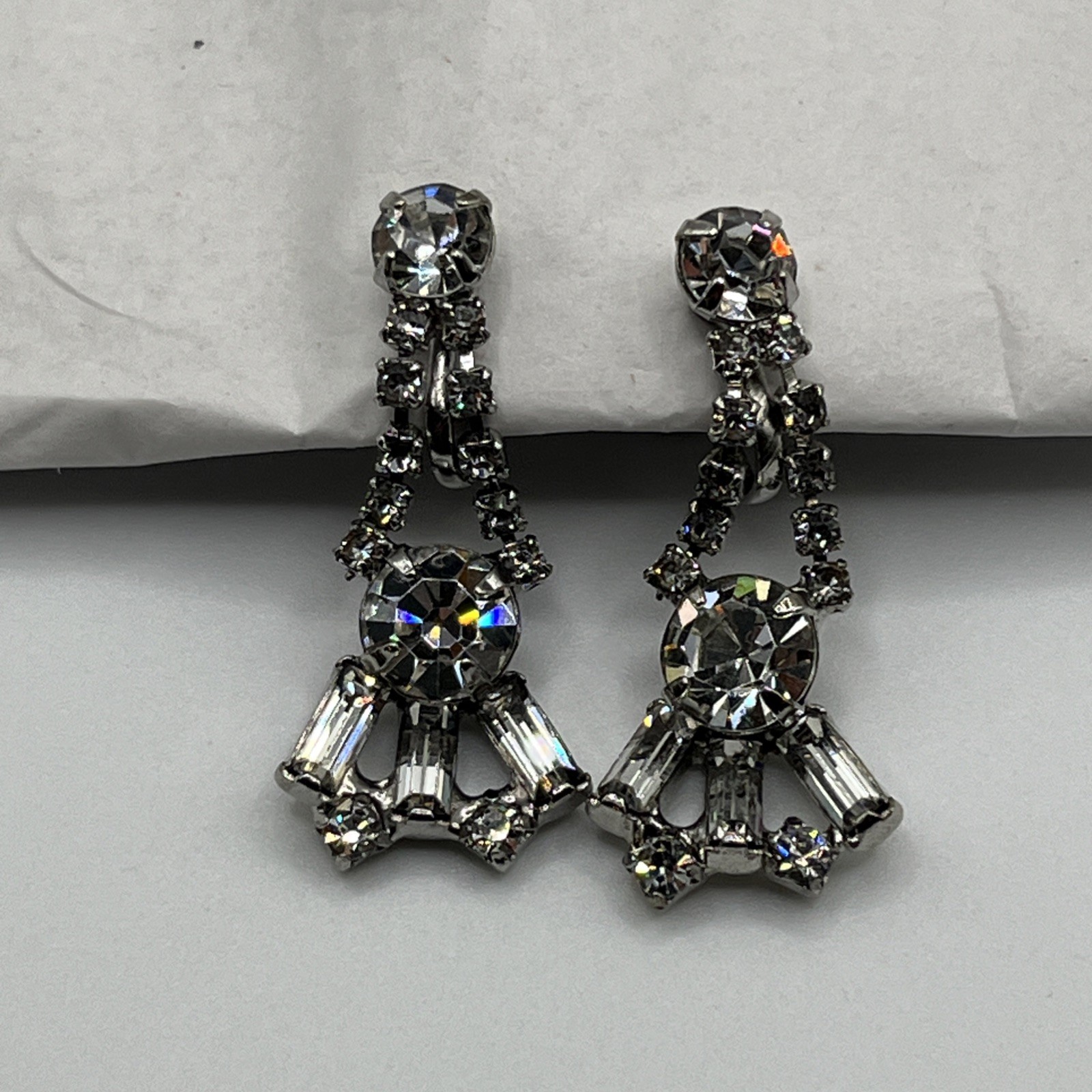 Vintage Art Deco Style Rhinestone Drop Screw Back Earrings 1.75”