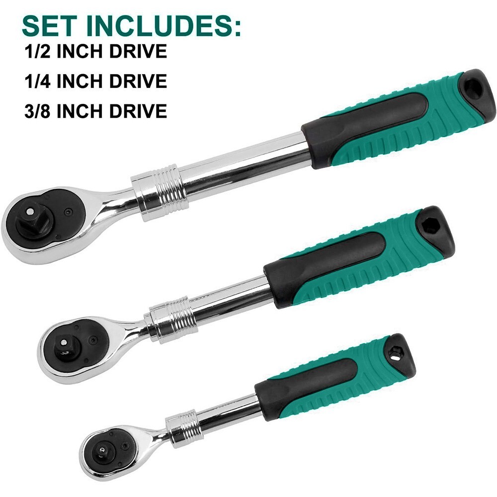 3PCS 1/4" 3/8" 1/2" Drive Ratchet Socket Wrench Quick-Release Spanner 72 Teeth