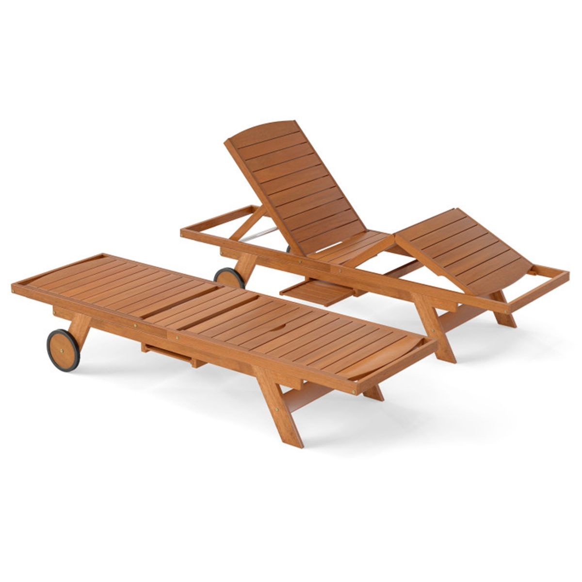 Solid Wood Outdoor Chaise Lounge, 4-Position Adjustable Backrest with Extendable