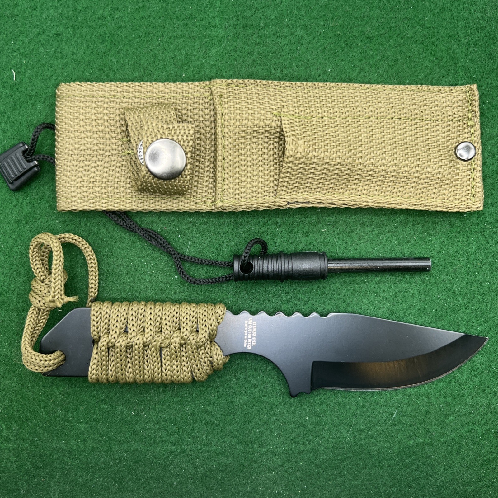 Khaki Survival Paracord Knife w/Fire Starter -  Sheath - Pocket For Starter New