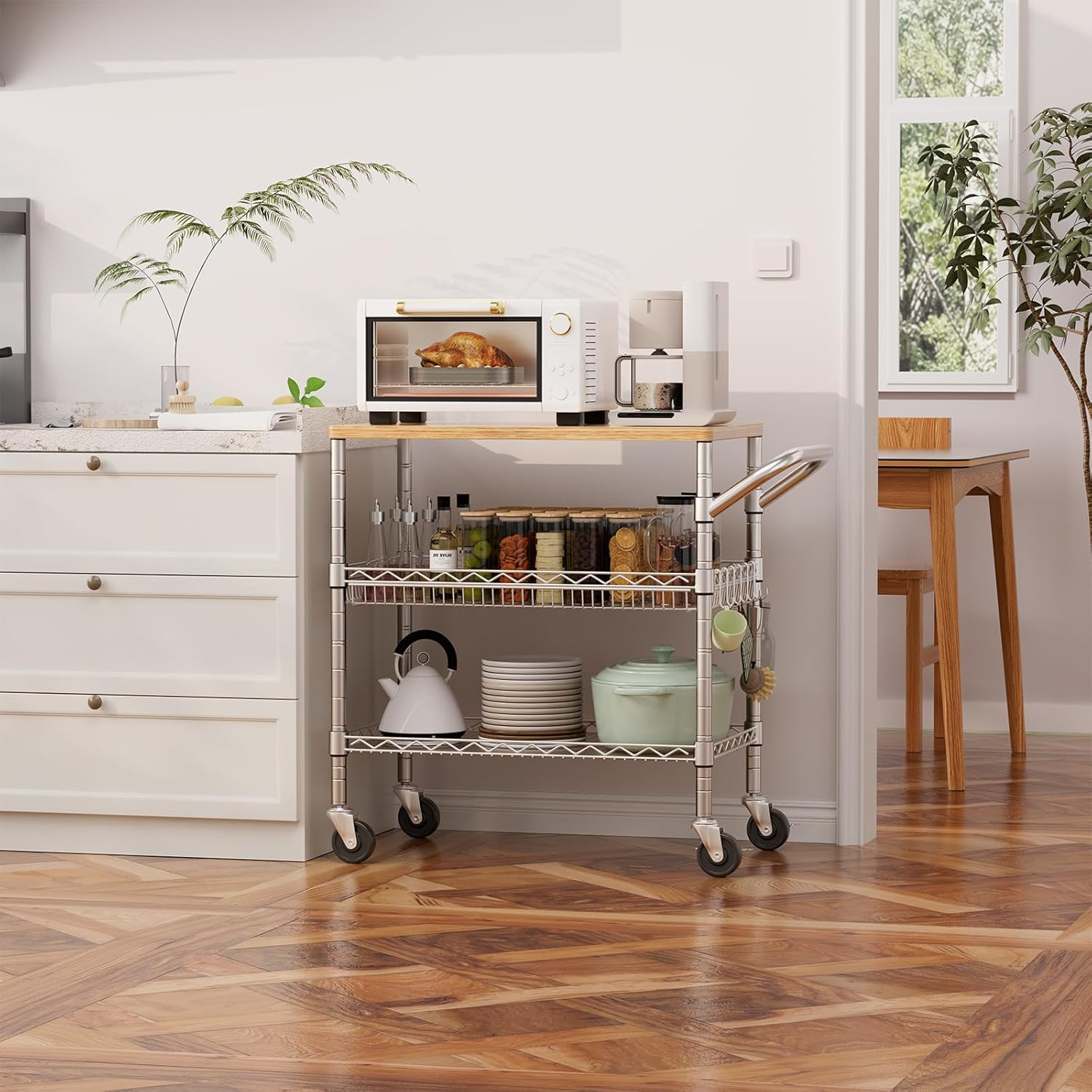 3 Tier Rolling Kitchen Carts with Wheels, Heavy Duty Rolling Utility Cart with W