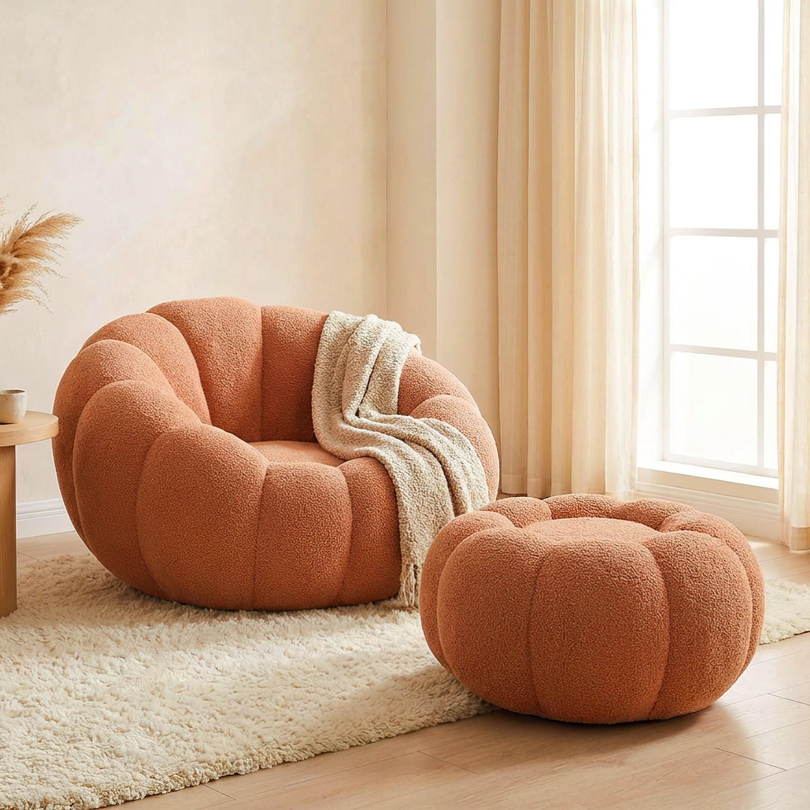 Pumpkin Shape Lounge Chair & Footstool - Brown