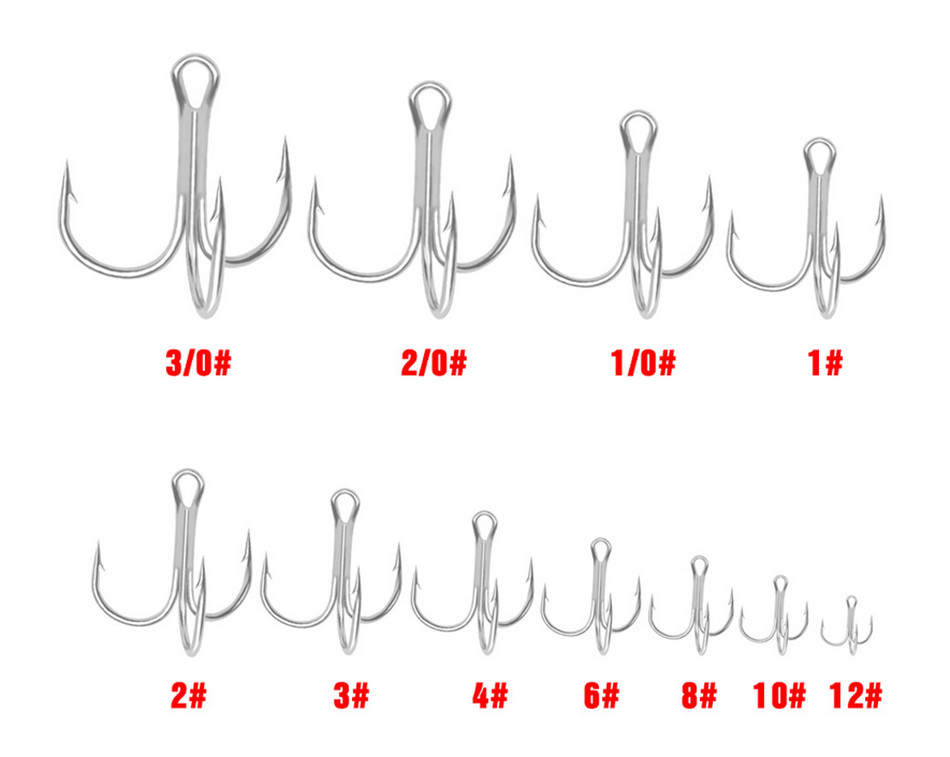100pcs Fishing Hook Round Bend Sharp Treble Hooks Size 1/4/6/8/10/12 1/0 2/0 3/0