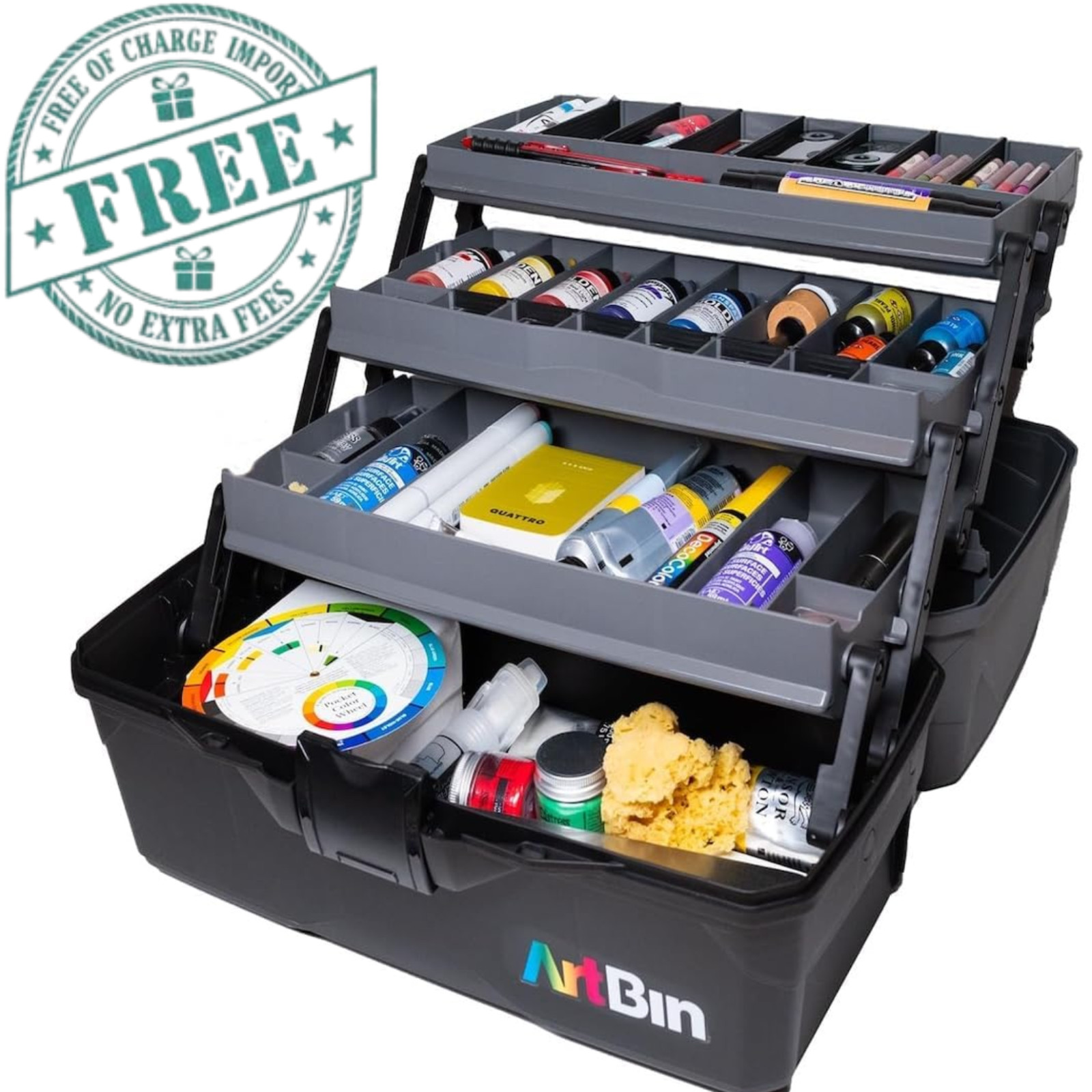 ArtBin 3-Tray Art Supply Box Organizer, Portable Plastic Storage with Dividers