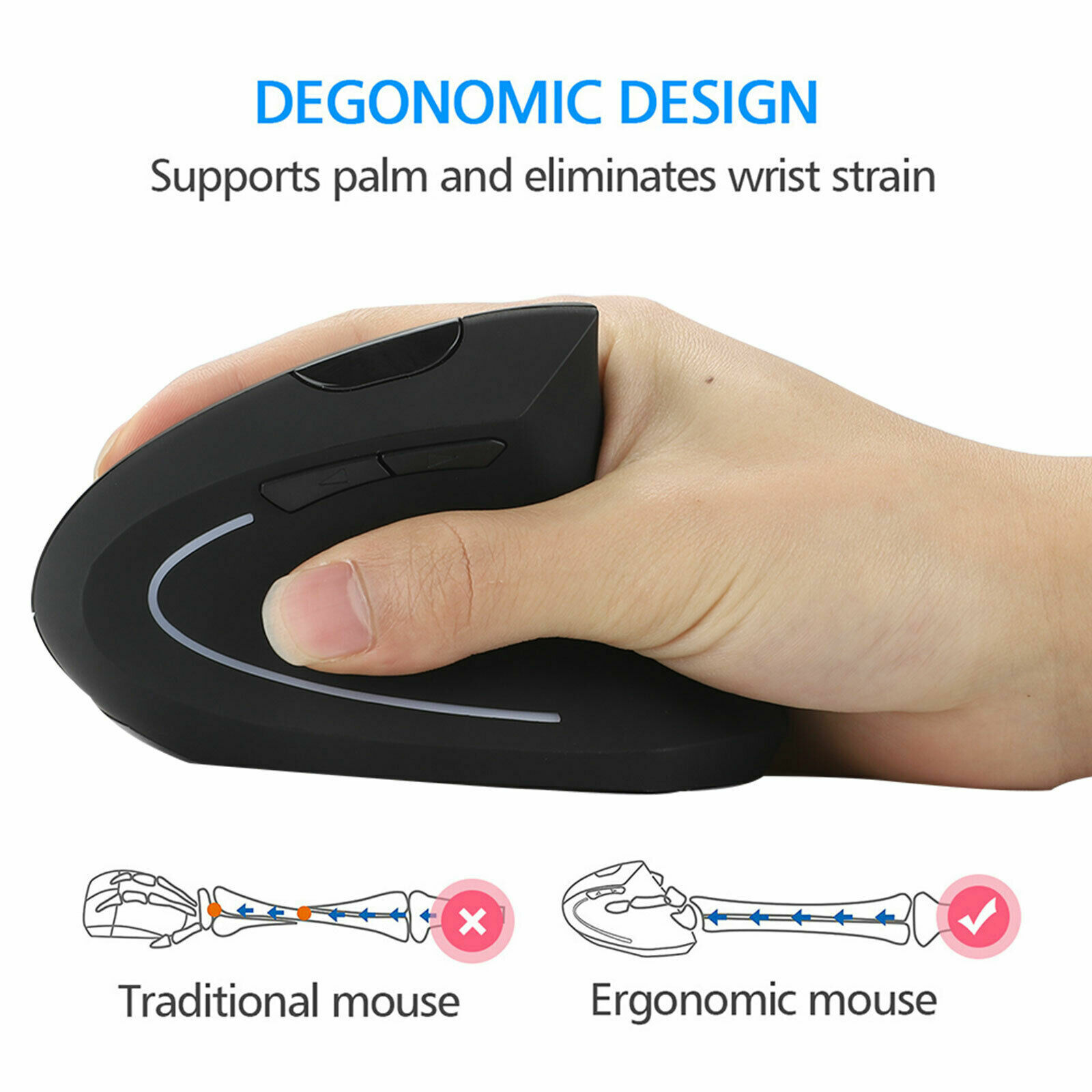 Ergonomic Mouse Optical Vertical Mice 6 Keys USB Wireless 2.4GHz 1200DPI For PC