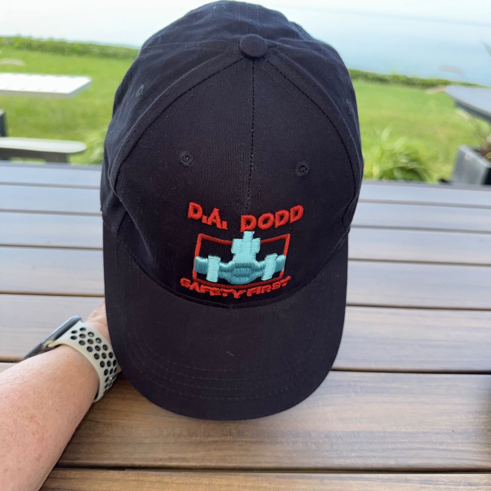 D.A. Dodd Red w Lite Blue Logo on Navy Cotton Hat Cap Hook Loop Safety First