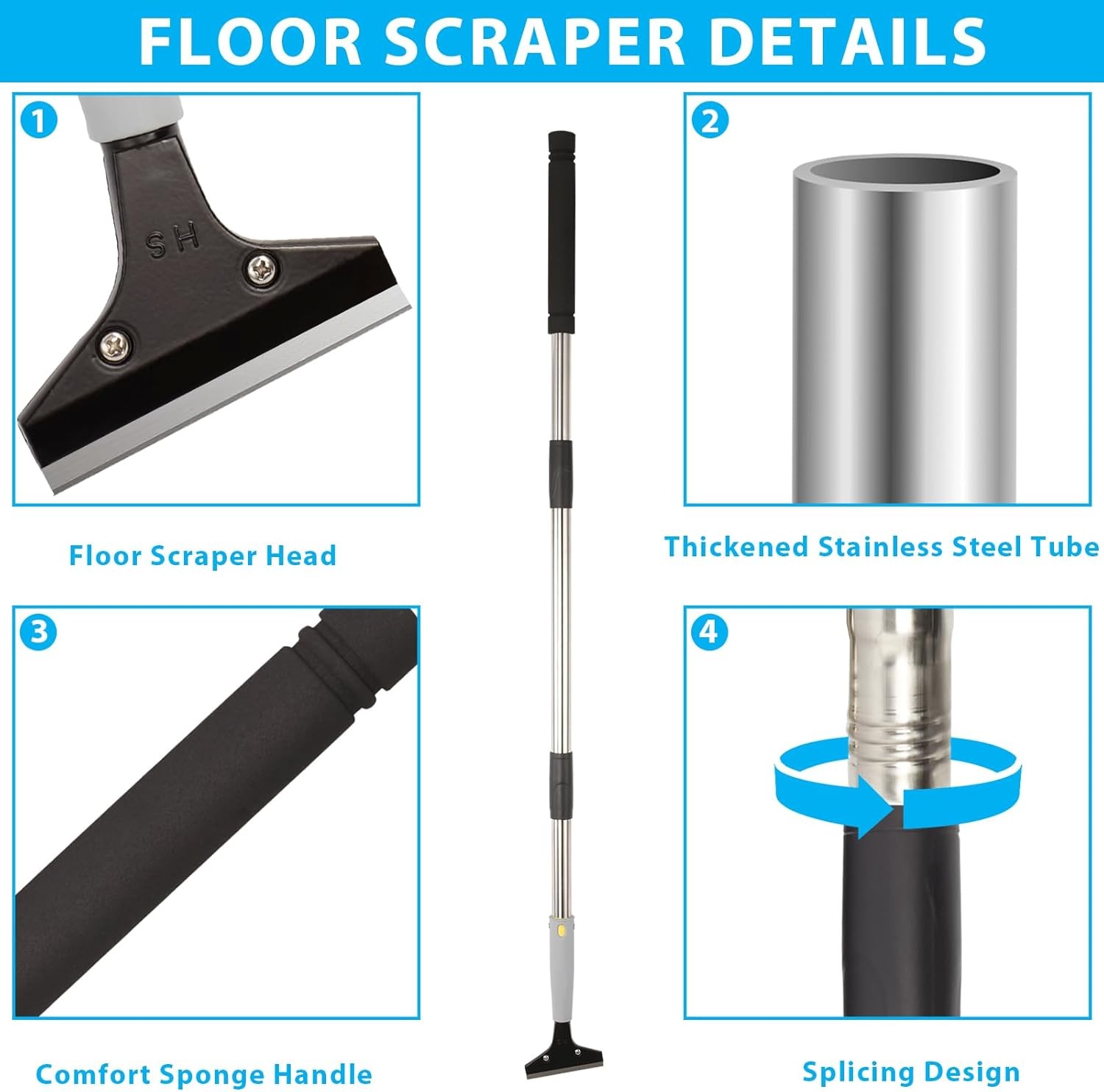 Long Handle Floor Scraper Tool 4 Inch Razor Blade Adjustable for Tile Glue Paint