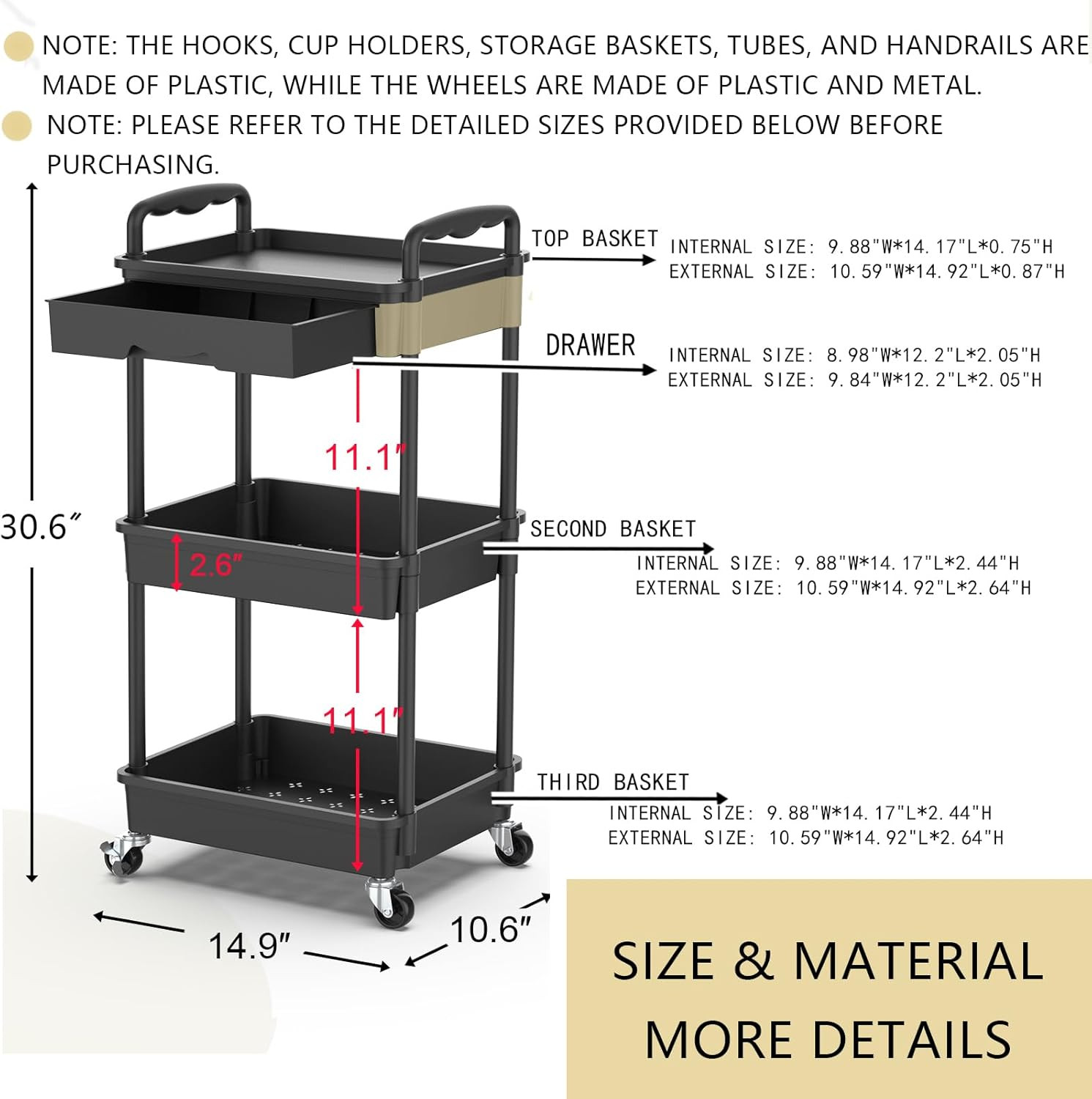 3 Tier Rolling Utility Cart Organizer with Removable Drawer, Stable and Sturdy B