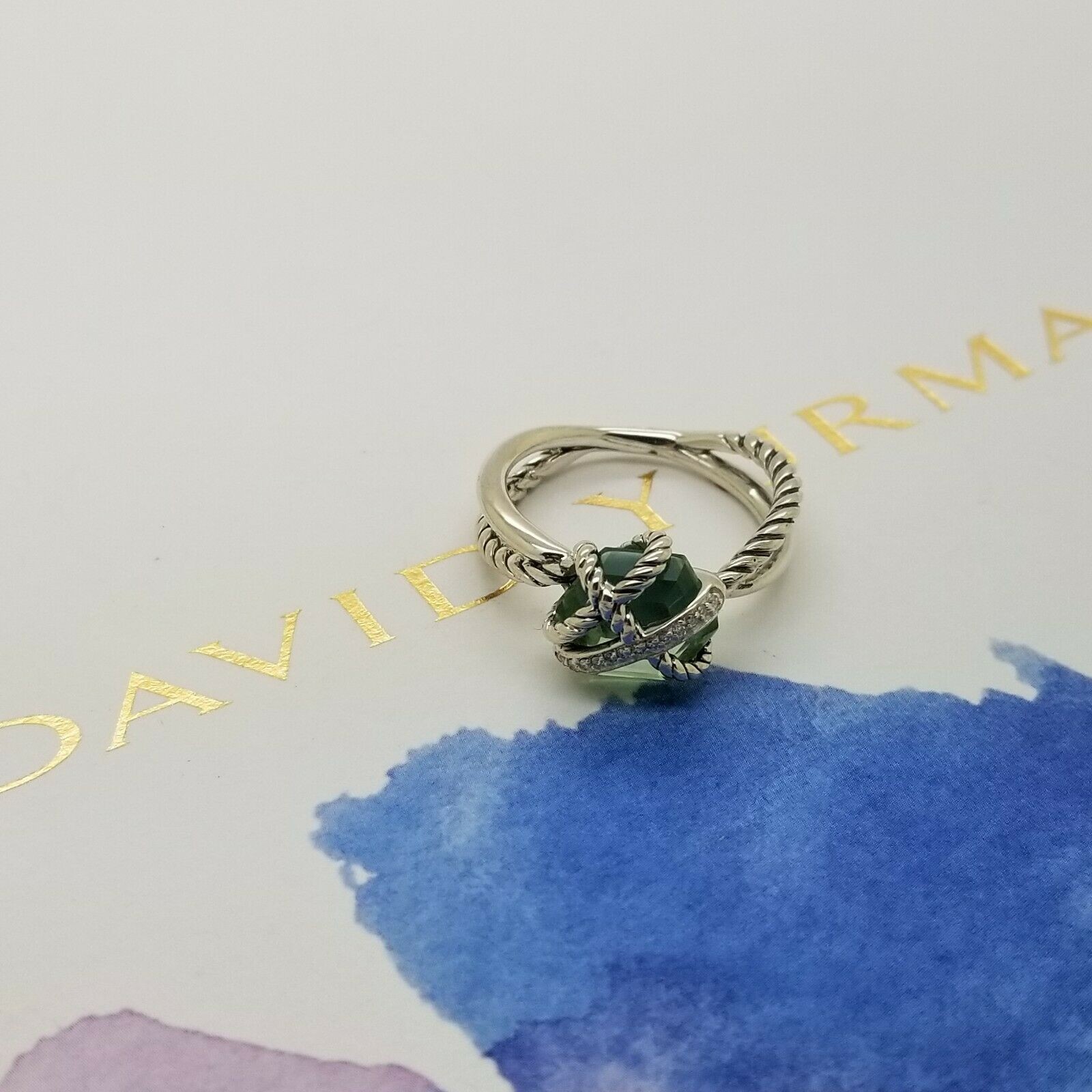 David Yurman Sterling Silver Cable Wrap Prasiolite and Diamond Ring Size 8