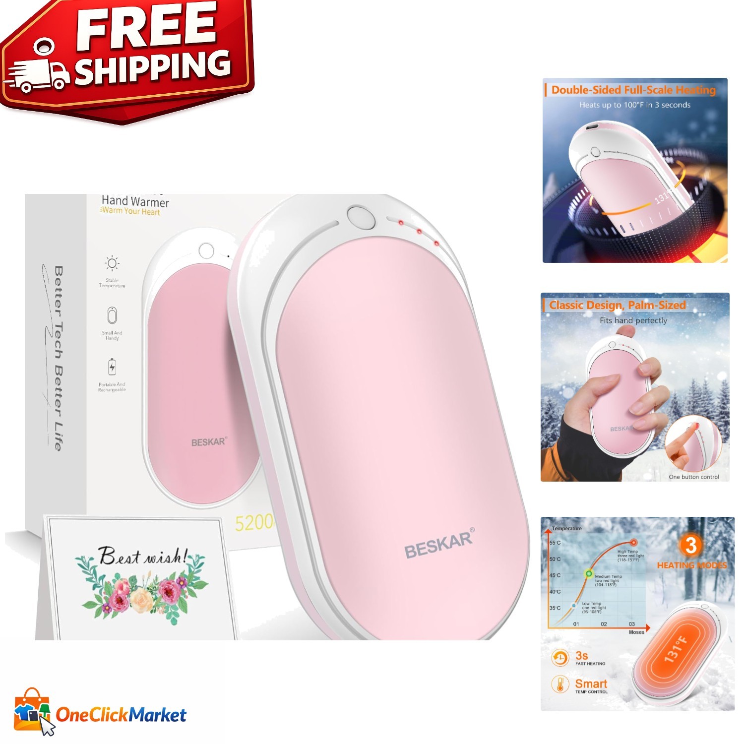 5200mAh Rechargeable Hand Warmer - 3 Heat Settings, Perfect for Outdoor Adven...