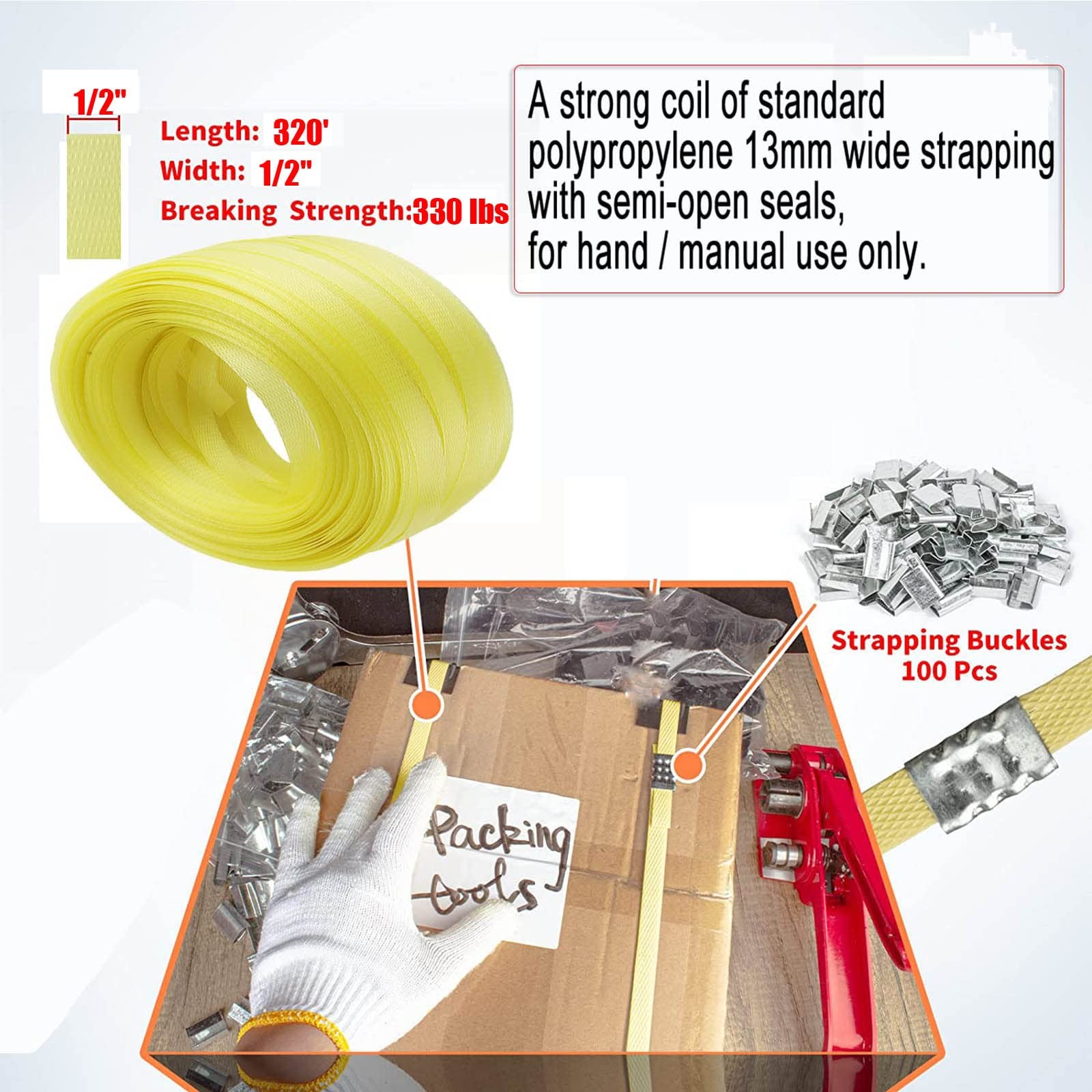 Poly Strap, Polypropylene Strapping, 320' Length, 1/2" Width, Yellow