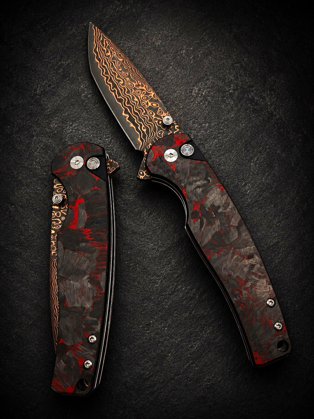 Damascus Steel Folding Pocketknife, Carbon Fiber Handle Black/Red/Gold
