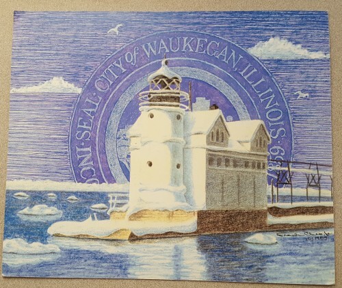 Waukegan IL City Seal Lake Lighthouse Drawing Ink Sketch Print 1989