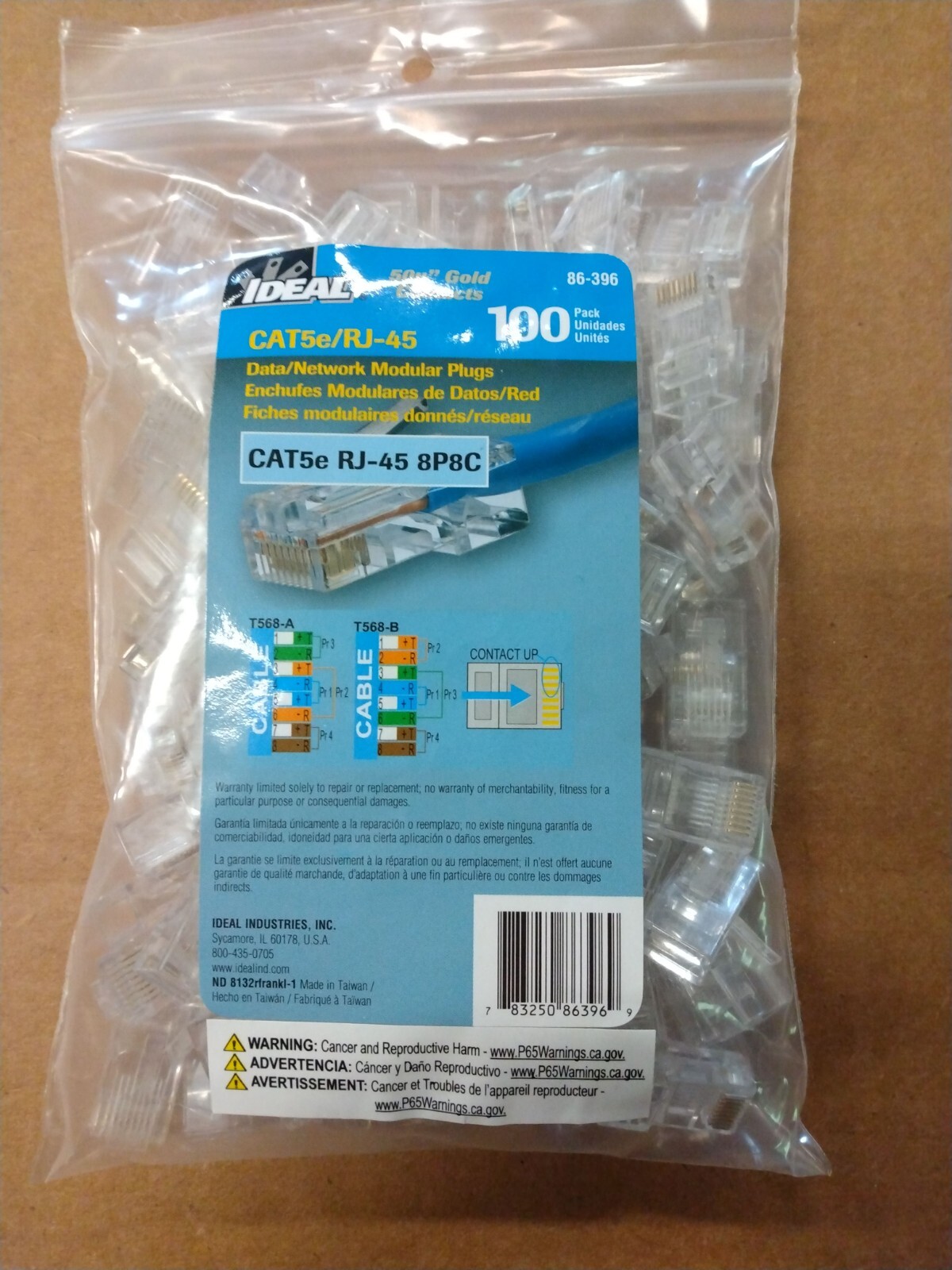 IDEAL CAT5e RJ-45 8P8C Modular Plugs, Pack of 100 pcs, P/N 86-396