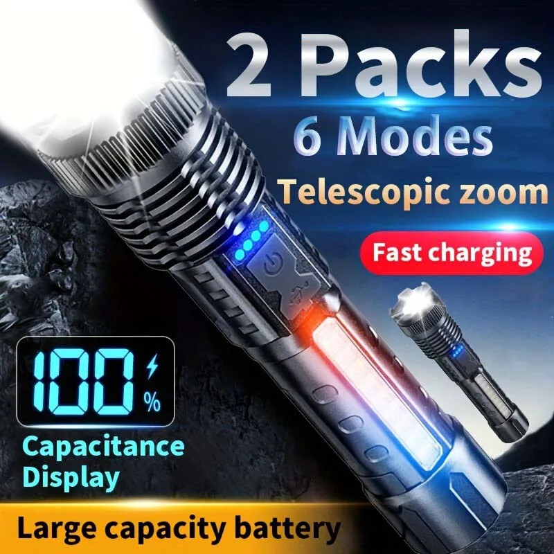 2PCS Super Bright Powerful LED Flashlight Zoom USB Rechargeable Camping Torch US