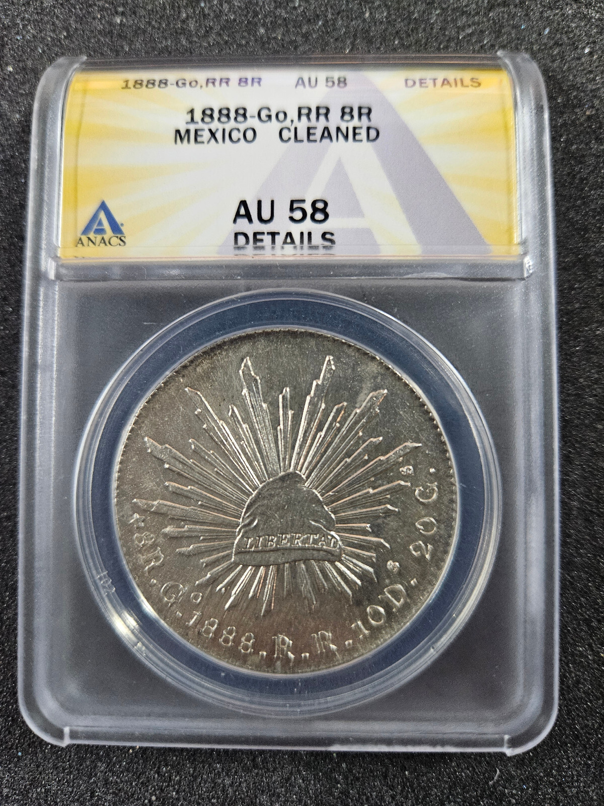 🌟 1888 Go RR Mexico Silver 8 Reales Mexican Coin ANACS AU58 DETAILS CLEANED