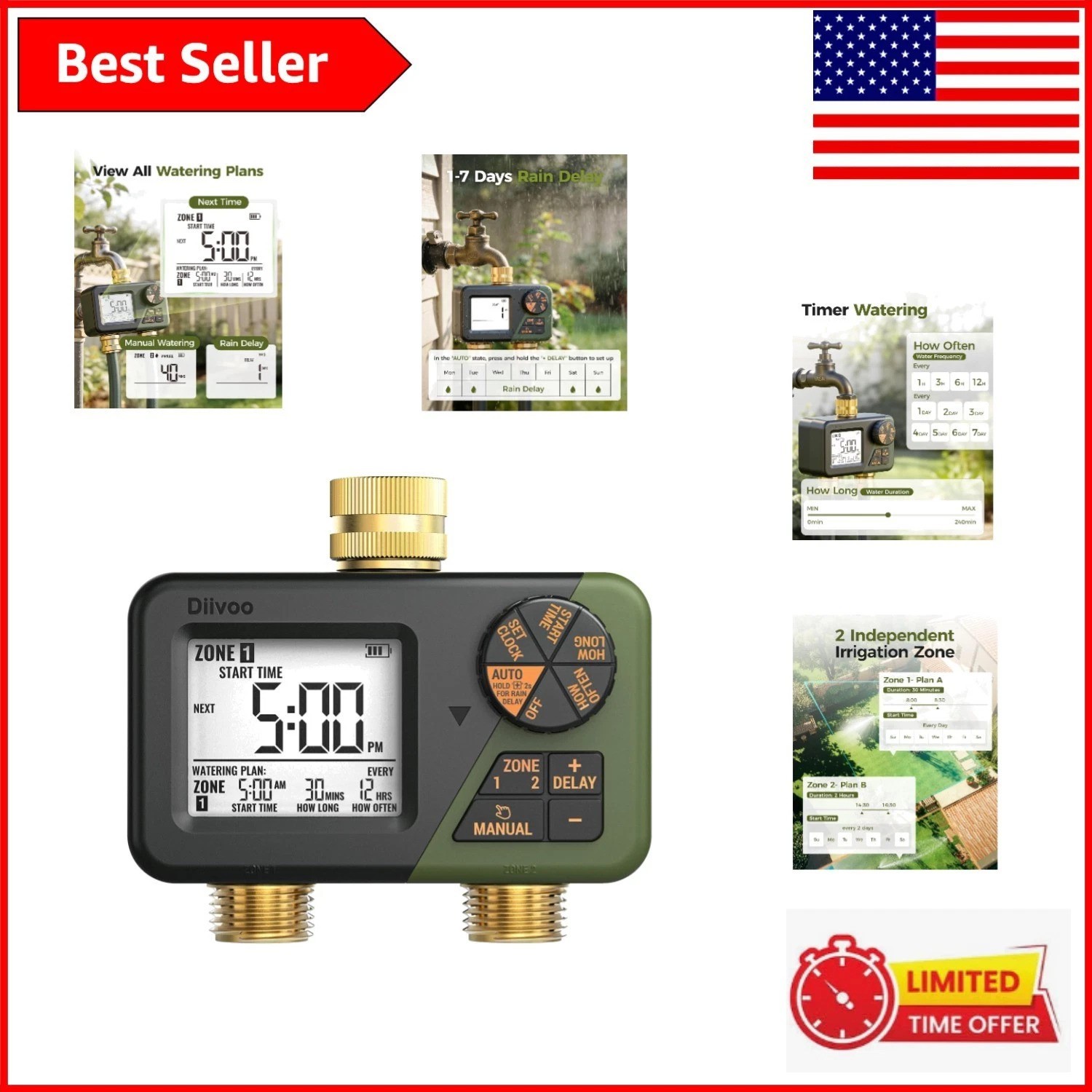 Elegant Brass 2-Zone Sprinkler Timer -  Waterproof for Reliable Irrigation