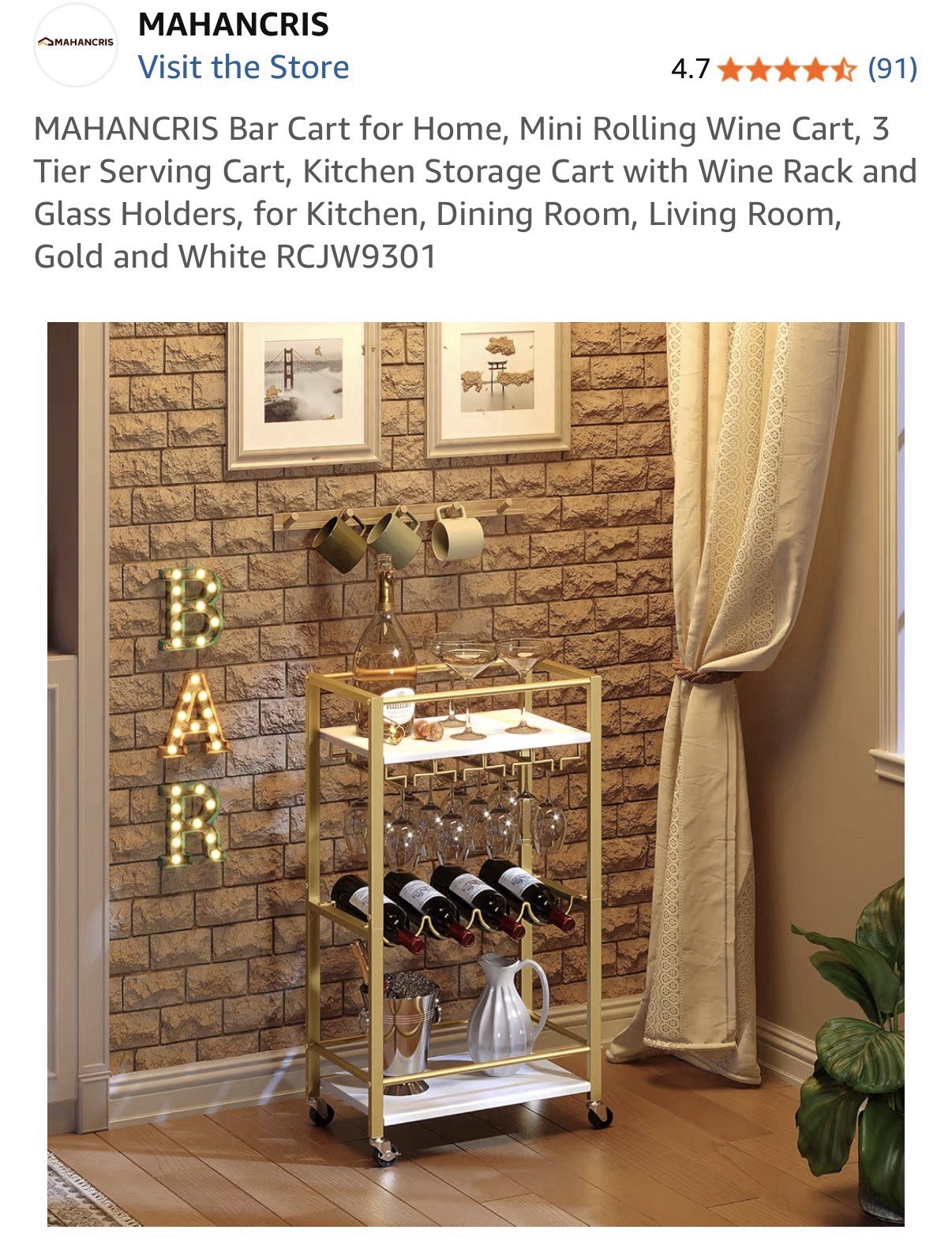 Bar Cart for Home, Mini Rolling Wine Cart, 3 Tier Serving Cart, Kitchen Stora...