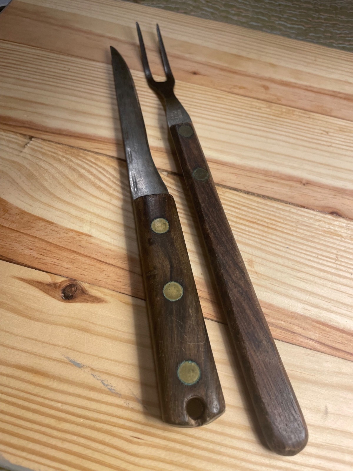 Vintage Carving Knife & Carving Pot Fork Set with Wooden Handles Stainless Steel