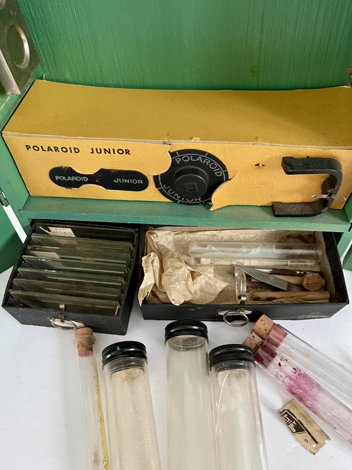 Vintage Gilbert Microscope Green Wood Case With Accessories Slides