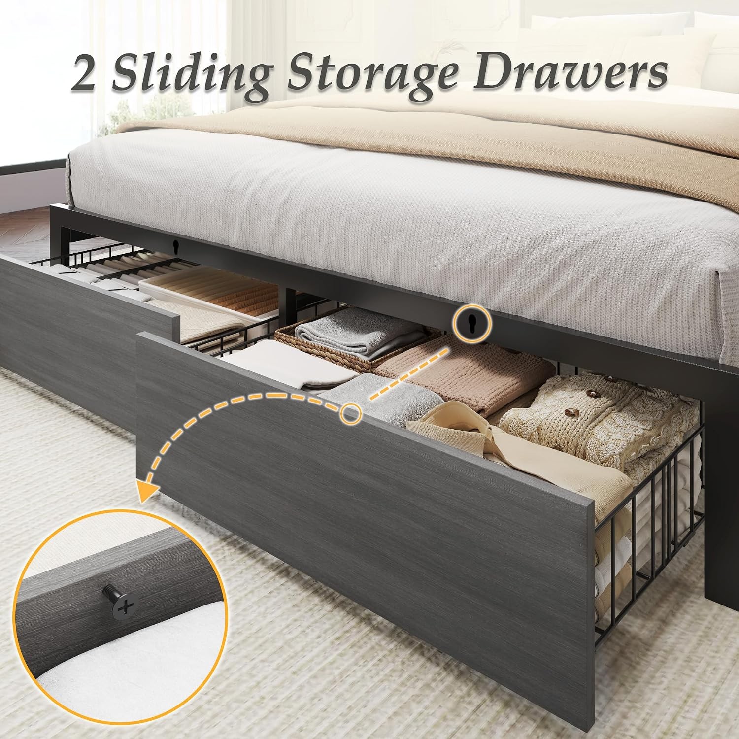 Queen Bed Frame with 2-Tier Storage Headboard, Bedroom Metal Bed Frame with 2
