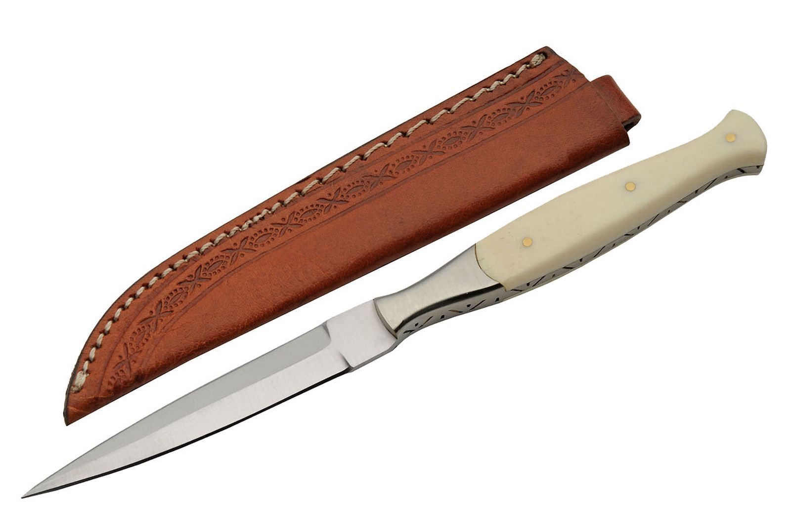 Dagger Slim Double Edge Stiletto Blade Bone Handle Full Tang + Leather Sheath