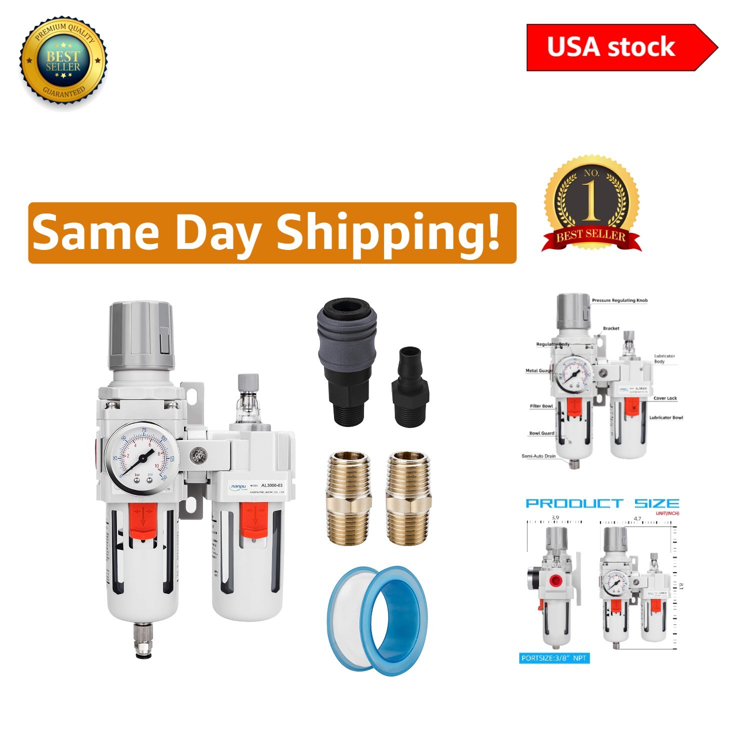 High Efficiency 3/8" NPT Filter Regulator Lubricator with 0-150 PSI Gauge