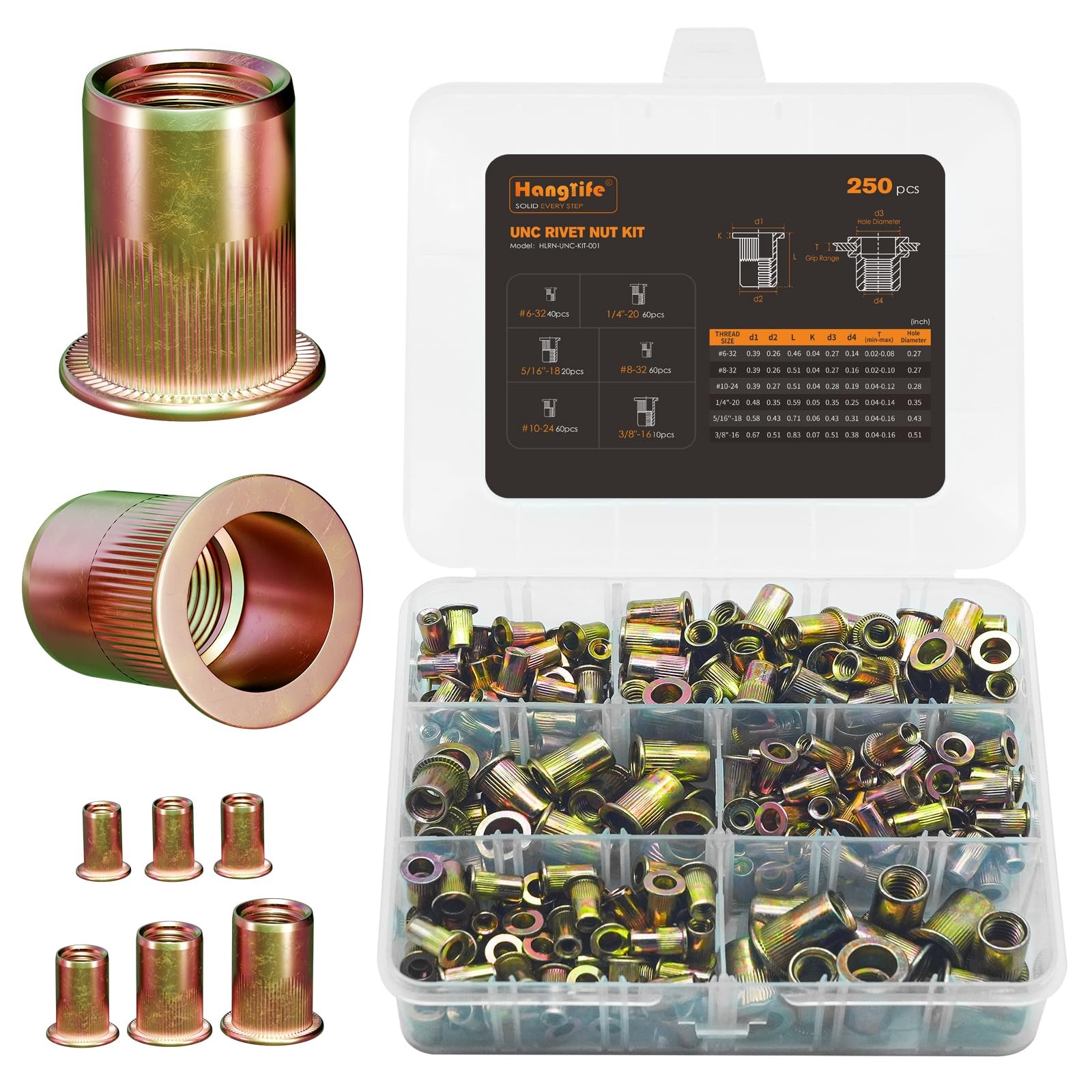 HANGLIFE Rivet Nut Assortment Kit (250 Pcs) UNC SAE Rivnut Threaded Insert Nuts