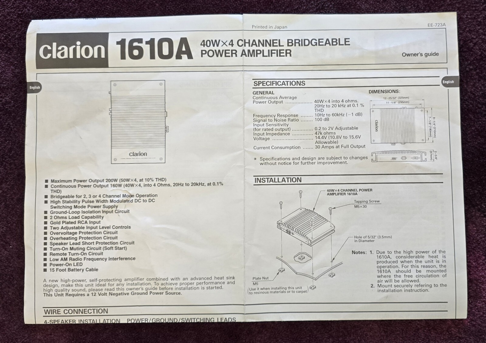 Clarion 1610A Owners Guide * Fold-Out Pages - in English and French