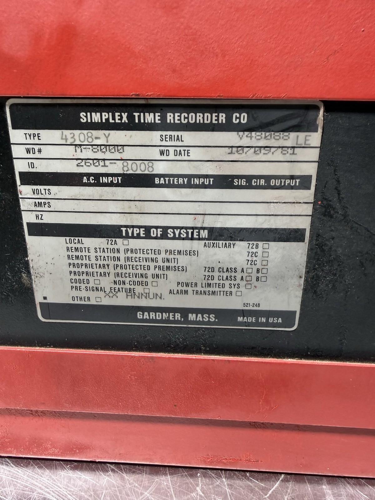 Simplex Time Recorder 4309-y Panel Box