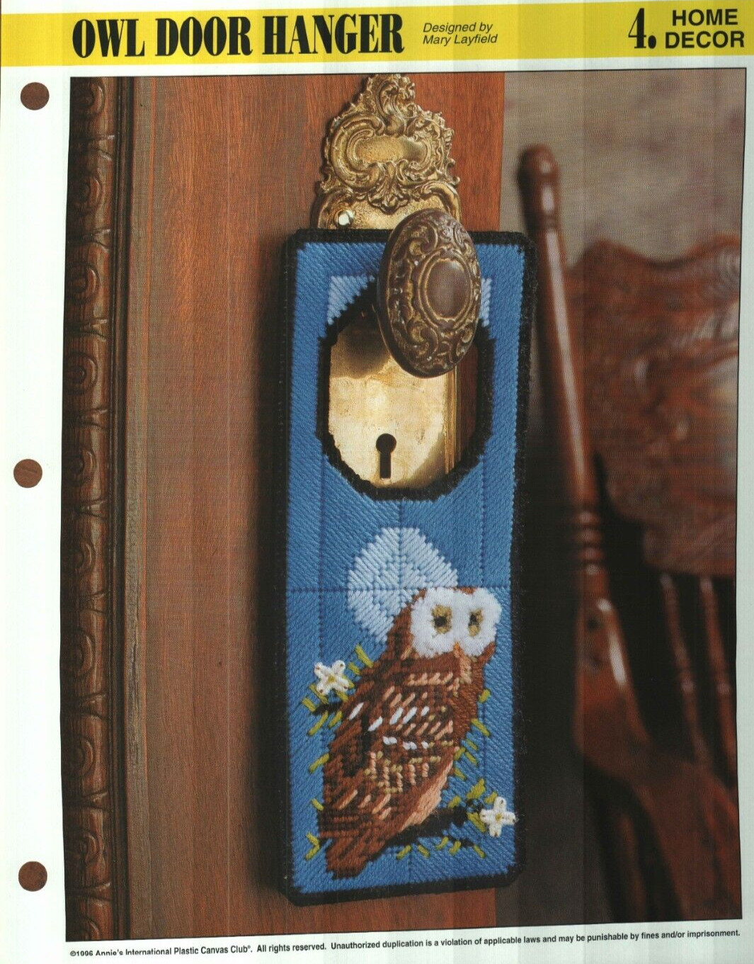 NEW OWL DOOR HANGER HOME DECOR ANNIE'S PLASTIC CANVAS PATTERN INSTRUCTIONS