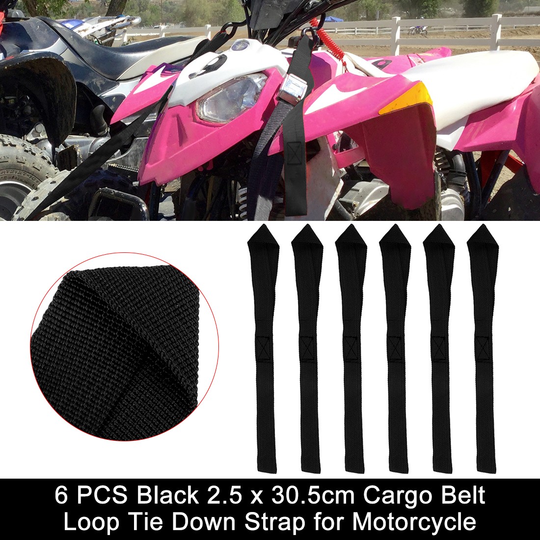 6 PCS Black 2.5 x 30.5cm Cargo Belt Loop Tie Down Strap for Motorcycle