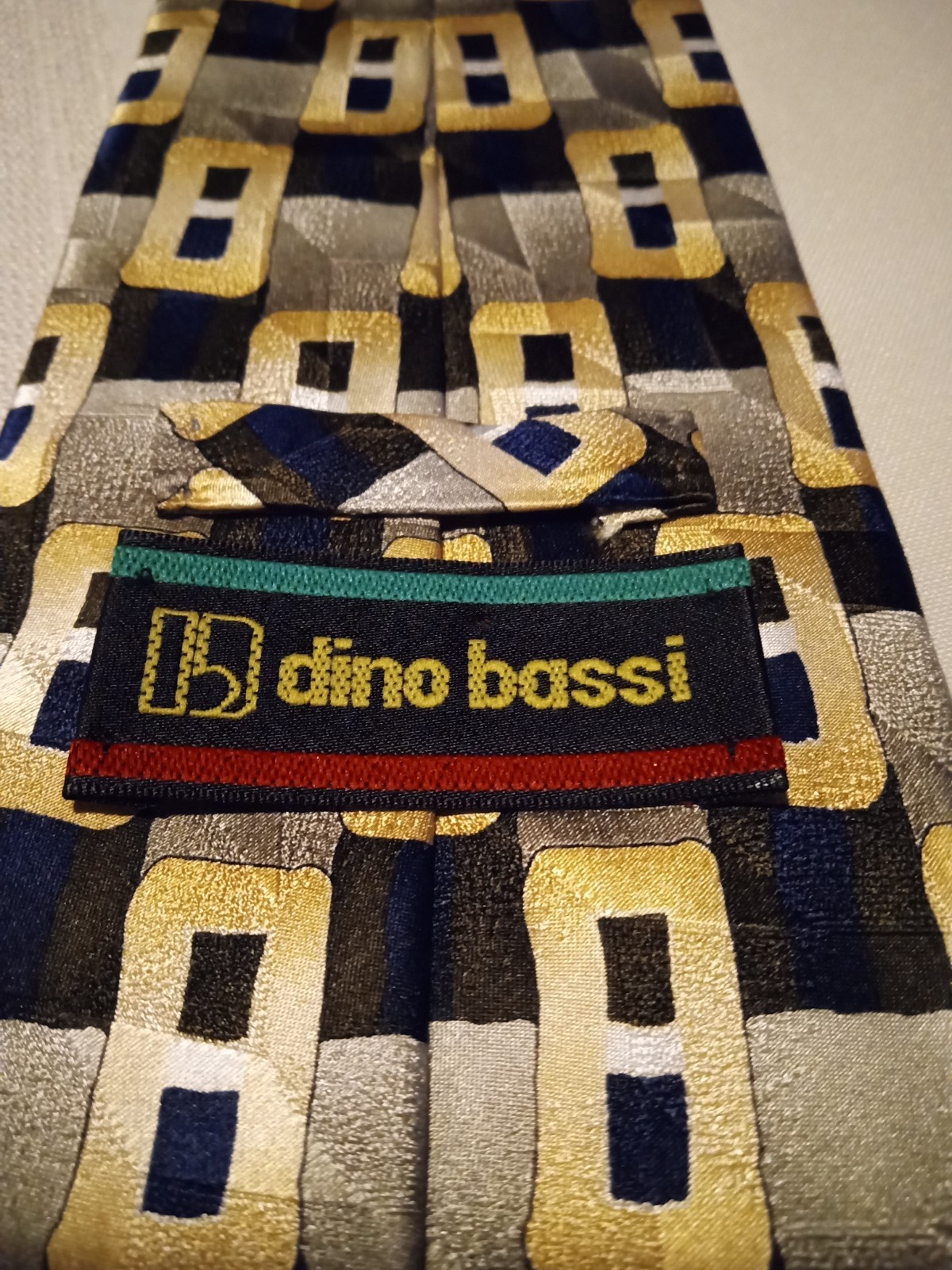 MENS SILK NECKTIE DINO BASSI SILVER TAN BROWN RECTANGLE PATTERN