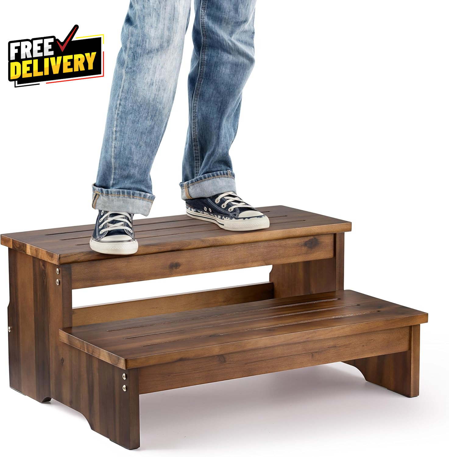 25 Acacia Bed Steps for High Beds for Adult 500LBS  2-Step Wood Step Stool......