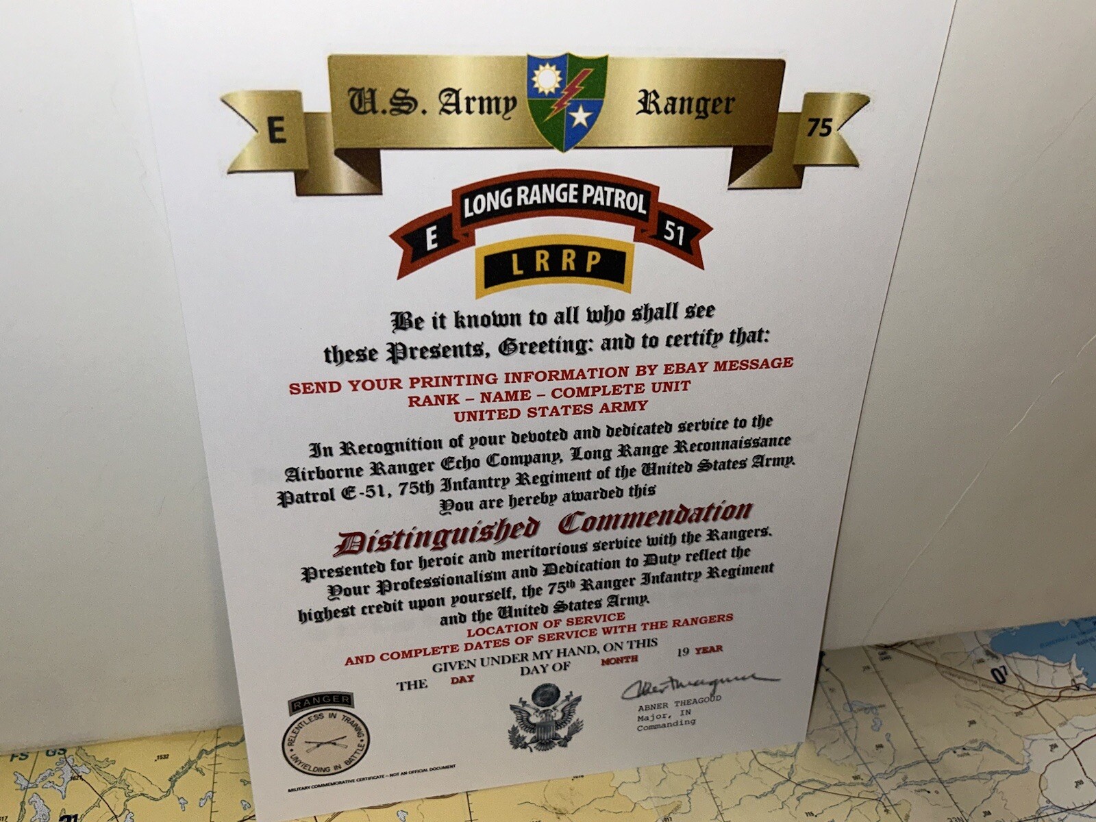 U.S. ARMY - E CO. 75TH RANGER INFANTRY / DISTINGUISHED COMMENDATION CERTIFICATE