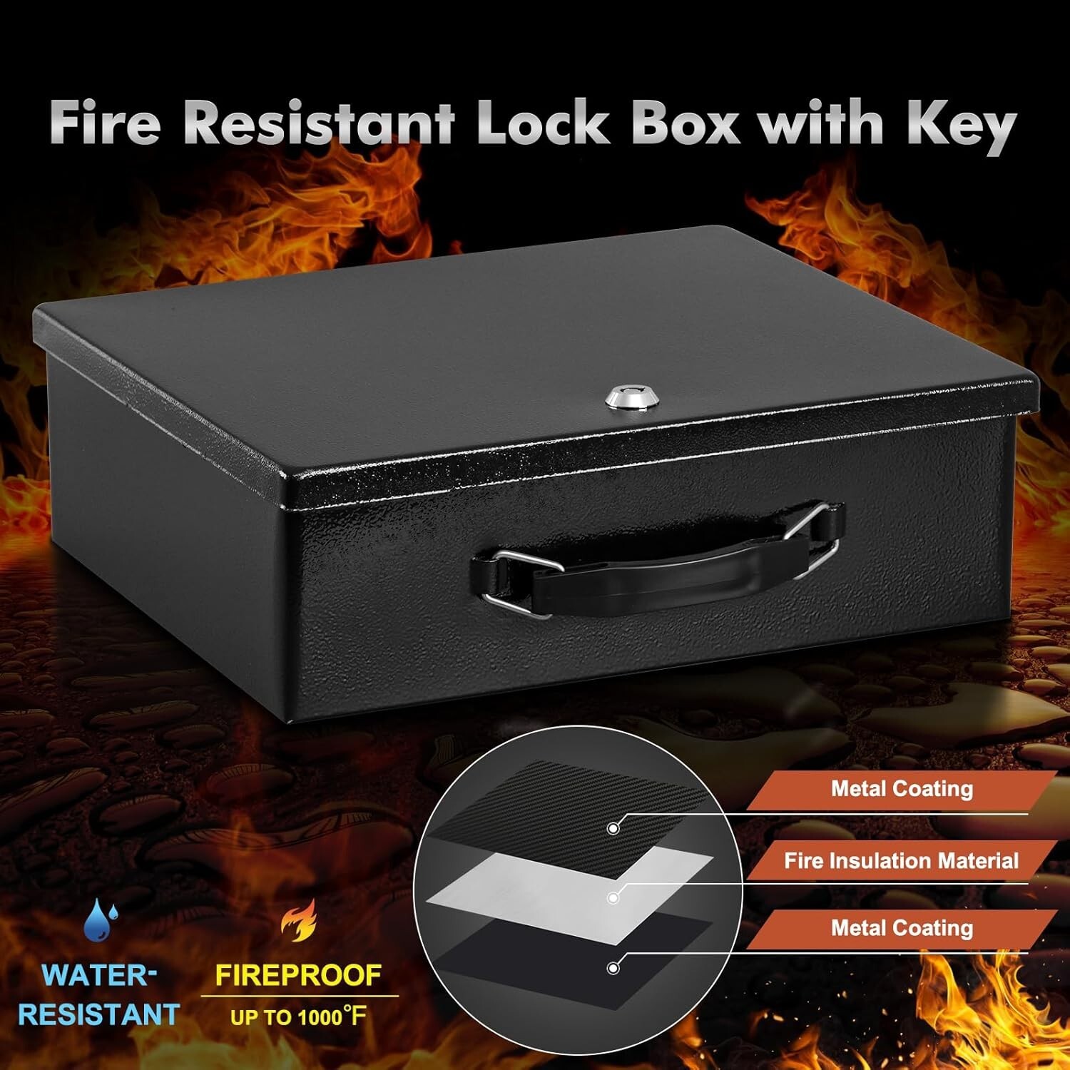 Fireproof Document Box with Key Lock, Large Safe Chest for Valuables, Portable