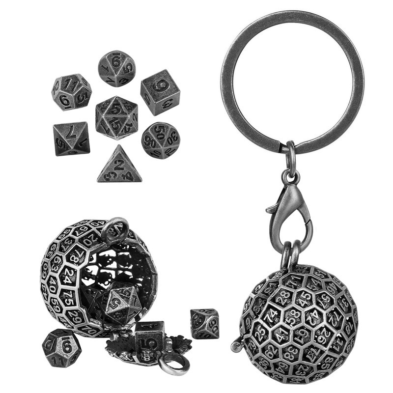 7pcs Polyhedral Metal RPG Dice RPG Dungeons and Dragons Games in D100 Keychain